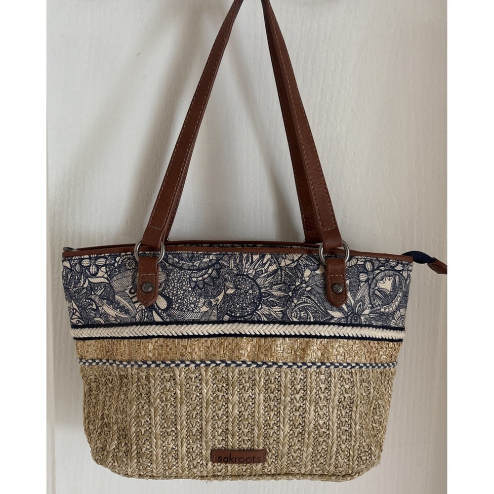 Sakroots Ellis Straw Satchel Shoulder Bag Blue Floral Boho Leather Trim Handbag
